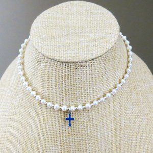 Girl's Pearl and Bead Necklace w/Sterling Cross